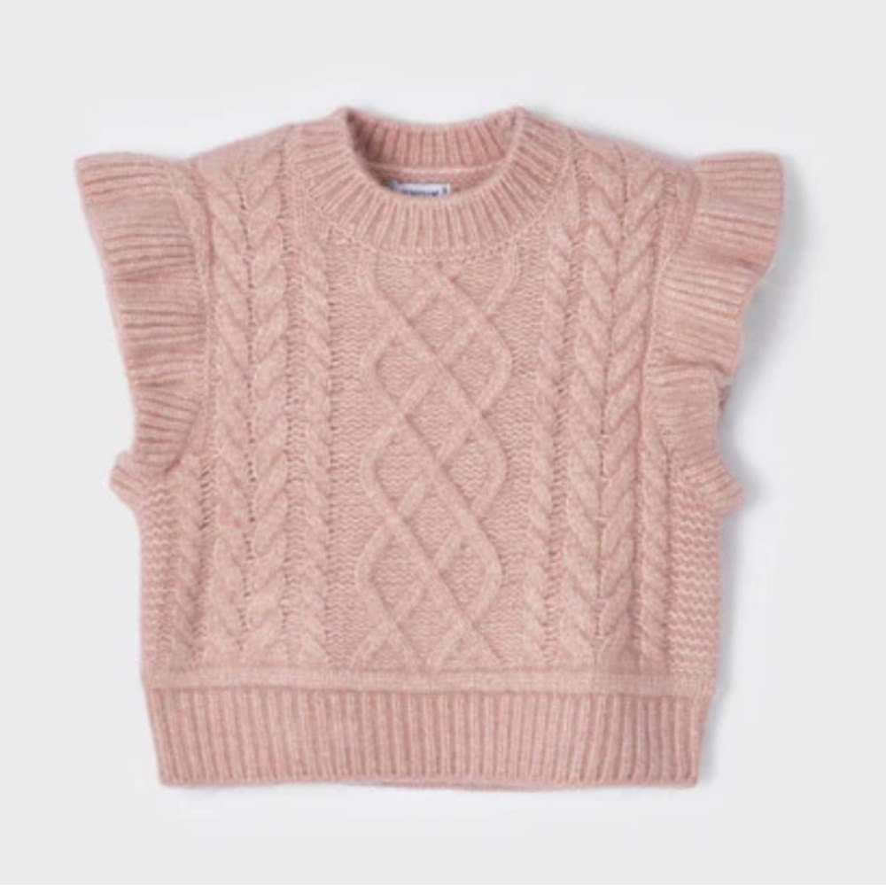 💖👧 Mayoral Girls Knit Sweater Vest | Size 8 | Pink Ruffle Trim